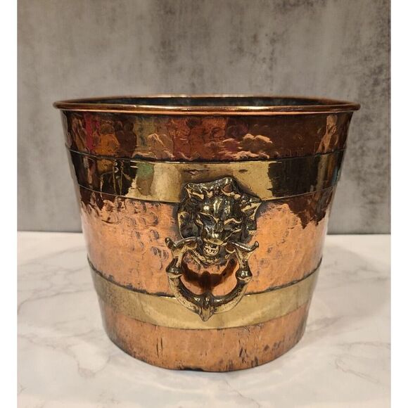 French Lion Hammered Copper Brass Jardiniere Planter Knocker Handles Décor 7"x9" - Picture 2 of 16